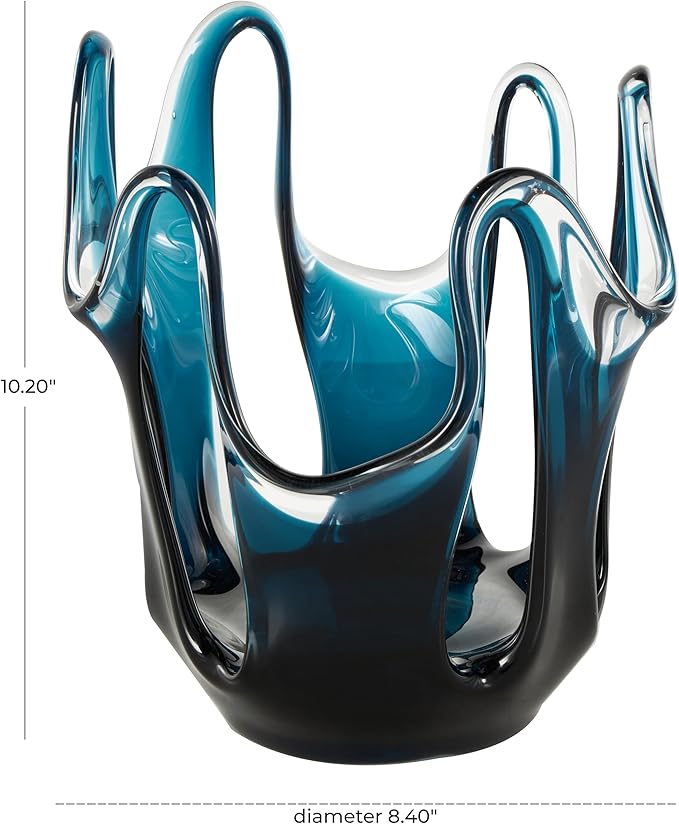 Deco 79 Glass Abstract Decorative Vase Ombre Centerpiece Vase with Wavy Oval Cutouts, Flower Vase for Home Decoration 8" x 8" x 10", Blue