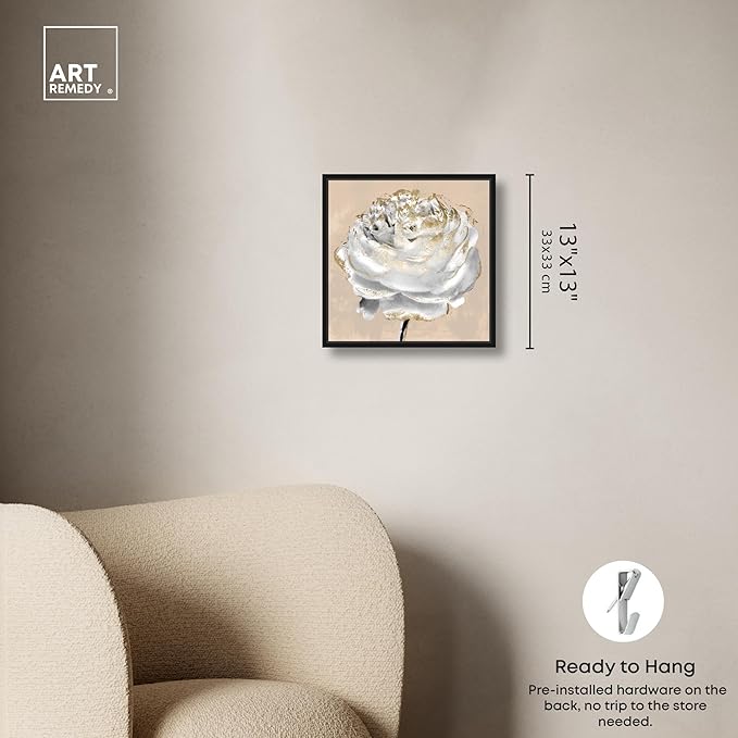 Art Remedy Beige Ranunculus Canvas Elegant White Gold Wall Art, Black Frame, 12" x 12"