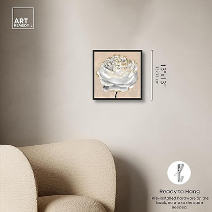 Art Remedy Beige Ranunculus Canvas Elegant White Gold Wall Art, Black Frame, 12" x 12"