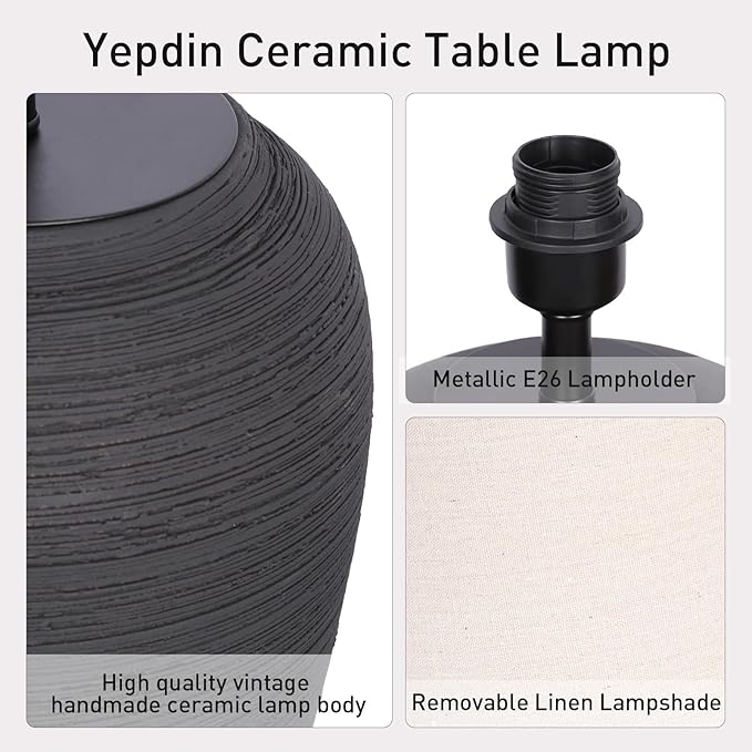 Ceramic Pot Table Lamp 21.25 inch Tall Striped Nightstand Lamp, Tapered Fabric Shade Bedside, Ceramic Decorative for Living Room Bedroom House Office Entryway, TL2