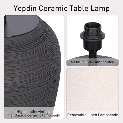 Ceramic Pot Table Lamp 21.25 inch Tall Striped Nightstand Lamp, Tapered Fabric Shade Bedside, Ceramic Decorative for Living Room Bedroom House Office Entryway, TL2