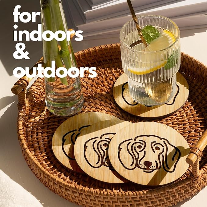 Set of 6 Bamboo Laser-Engraved Fun Dog Coasters with Iron Holder - Gift Packaging 3.9 Inch Non-Stick Absorbent Durable and Unbreakable Wooden Cup Coasters for Dog Lovers (Dachshund)