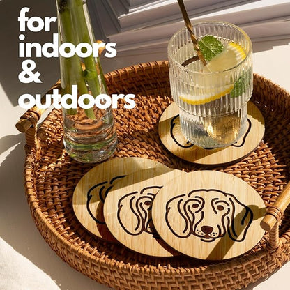 Set of 6 Bamboo Laser-Engraved Fun Dog Coasters with Iron Holder - Gift Packaging 3.9 Inch Non-Stick Absorbent Durable and Unbreakable Wooden Cup Coasters for Dog Lovers (Dachshund)