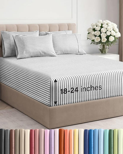 Extra Deep King Sheet Set - 6 Piece Breathable and Cooling Sheets - Hotel Luxury Bed Sheets Set - Easy Fit - Soft, Wrinkle Free and Comfy Sheets Set - Grey Striped Sheet Set with Extra Deep Pockets