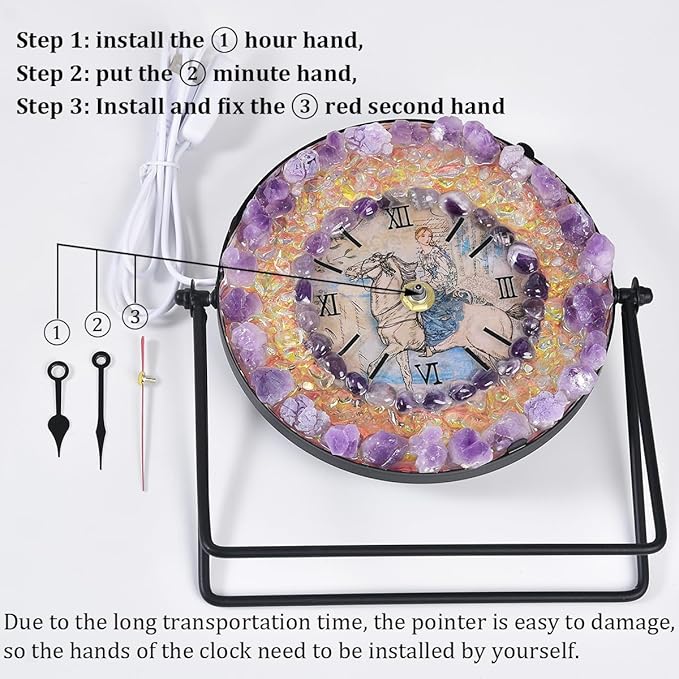 JIC Gem Amethyst Crystal Clock with Lamp Decorative Desk Clock Purple Amethyst Stone USB Port Night Light Home Office Decor
