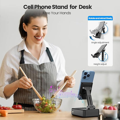 JTEMAN Cell Phone Stand with Bluetooth Speaker,HD Sound Adjustable Phone Holder,Birthday Gifts for Men Women, Cool Tech Kitchen Gadgets for Most Phones and Tablets-Black