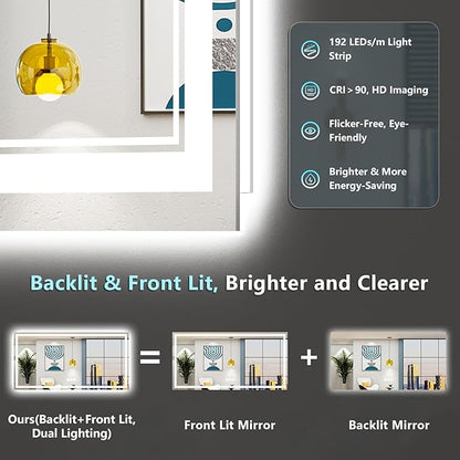 72x40 LED Bathroom Mirror with Lights, Backlit & Front Lit, Anti-Fog Frameless Lighted Vanity Mirrors for Bathroom Wall, Dimmable, 3-Color Light, Memory, Shatter-Proof, Tempered Glass, CRI＞90