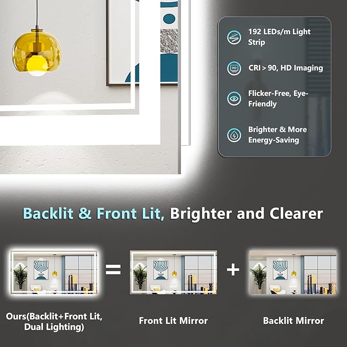 77x36 LED Bathroom Mirror with Lights, Backlit & Front Lit, Anti-Fog Frameless Lighted Vanity Mirrors for Bathroom Wall, Dimmable, 3-Color Light, Memory, Shatter-Proof, Tempered Glass, CRI＞90