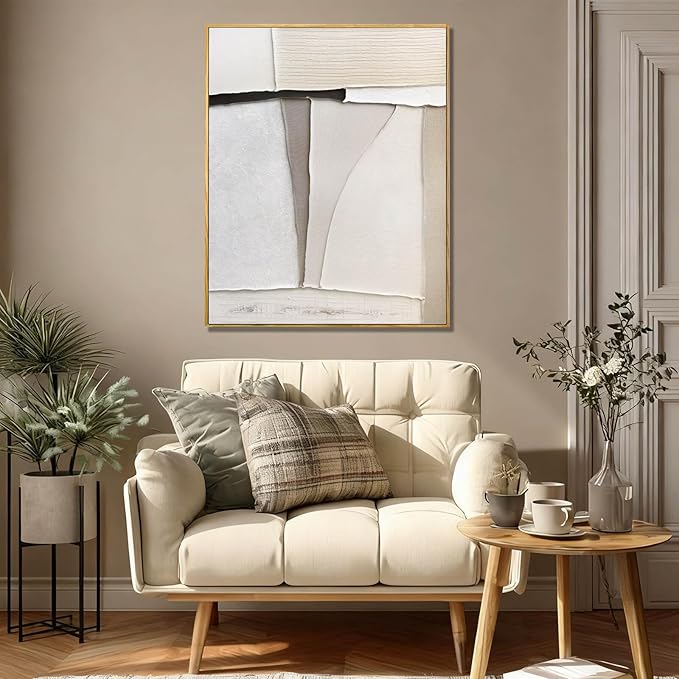 LEVERUP Minimalist Wall Art Beige Painting Artwork Hand Painted Wall Decorations for Dining Room Bedroom Hotel 32×40 Inchs Room Posters