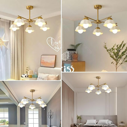 5-Light Modern Chandelier Large Opal White Glass Sputnik Pendant Light Fixture Brass Semi Flush Mount Ceiling Light Vintage Living Room Close to Ceiling Chandelier Light for Bedroom MCL08-5 GD