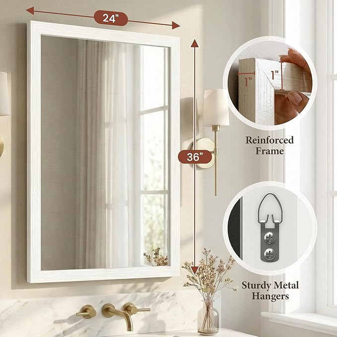 24" x 36" Cream White Wall Mirror for Decor, Modern Minimalist Bedroom Mirror, Soft Textured Waterproof Vanity Mirror for Powder Room & Nursery, Standard Trim