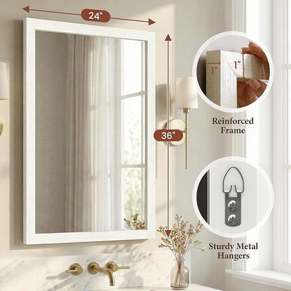 24" x 36" Cream White Wall Mirror for Decor, Modern Minimalist Bedroom Mirror, Soft Textured Waterproof Vanity Mirror for Powder Room & Nursery, Standard Trim