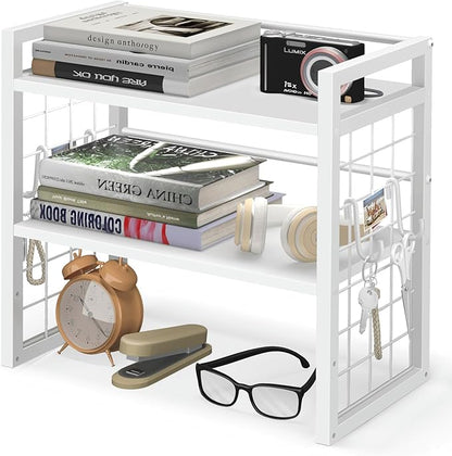 ELITEROO Desk Shelf Organizer, 2 Tier Wood Desktop Bookshelf Storage Rack, Freestanding Tabletop Organizer for Top of Desk, Office Supplies, Books & Decorations, White