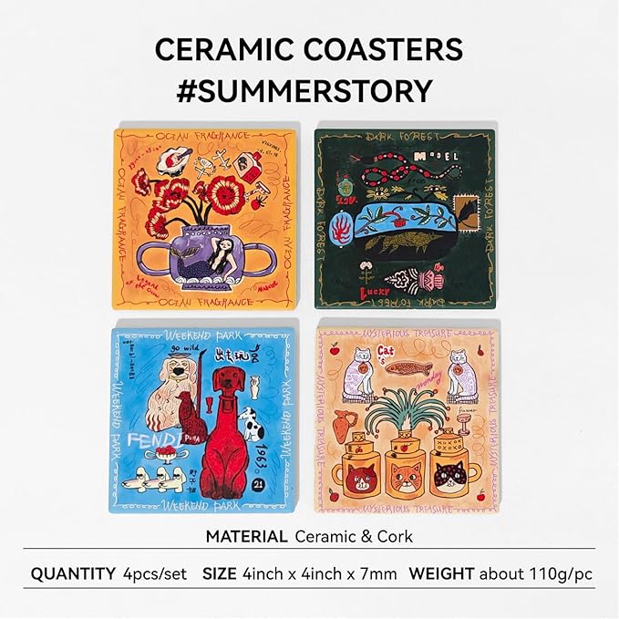 SAMCAM Colorful Art Coasters Set of 4 - Absorbent Ceramic Coasters with Protective Cork Back for Drinks, Cute Table Decor & Gift for Housewarming, 4 Inch