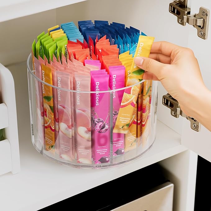 Divided Drink Packet Organizer, Rotating Turntable Organizer, Clear Lazy Susan for Powdered Drink Mix, Water Drink Packet Holder