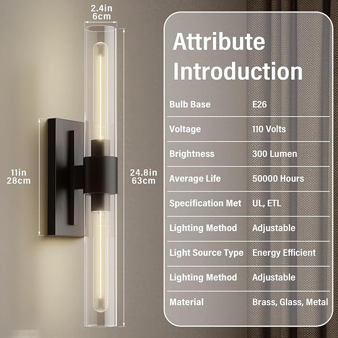 Brass Wall Sconces Set of 2, Bathroom Sconces Wall Lighting, Black Sconces Wall Lighting with Clear Glass Wall Lamp,Wall Mount Lamps Wall Lights for Vanity Light Bedroom Living Room Hallway