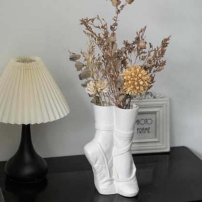 Ballet Shoe Modern Ceramic Vase, Nordic Art Ins Style Decorative Ceramic Aesthetic Foot Flower Vase for Home Living Room Table Bookshelf Decor (Matte White W 6" X H 9")