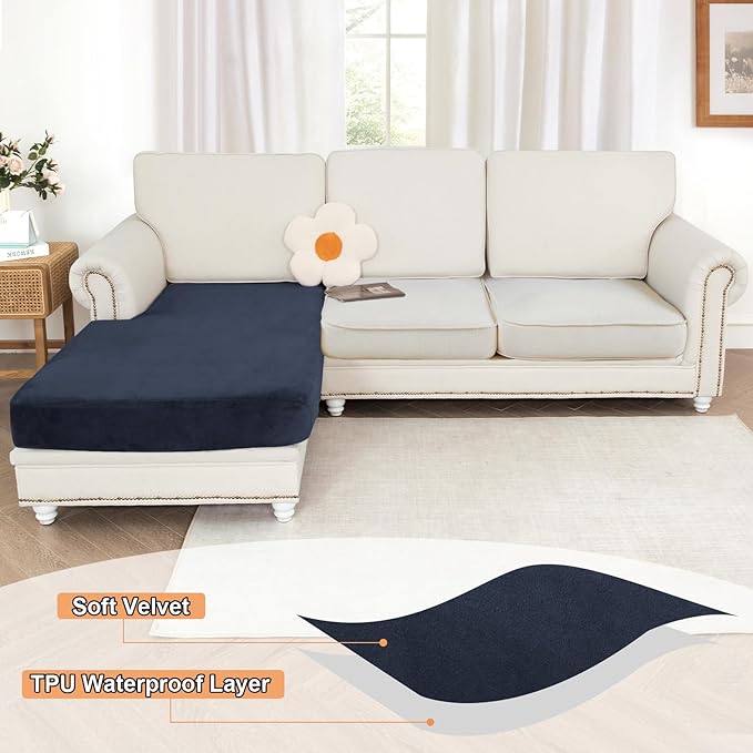 NAISI Waterproof Couch Cushion Covers Thick Velvet Fabric Washable Sofa Slipcovers 1 Piece Individual Sectional Couch Covers with Elastic Bottom(1 PC for Chaise Lounge,Navy)