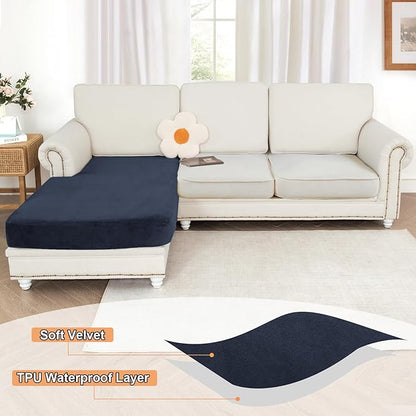 NAISI Waterproof Couch Cushion Covers Thick Velvet Fabric Washable Sofa Slipcovers 1 Piece Individual Sectional Couch Covers with Elastic Bottom(1 PC for Chaise Lounge,Navy)