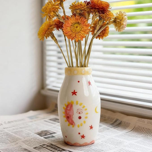 Cute Boho Small Cream Ceramic Bud Vase, Sun and Moon Round Decorative Vase for Dried Flowers/Single Rose/Pampas Grass, Modern Table Vase for Entryway Dining Coffee Table, Unique Home Gift