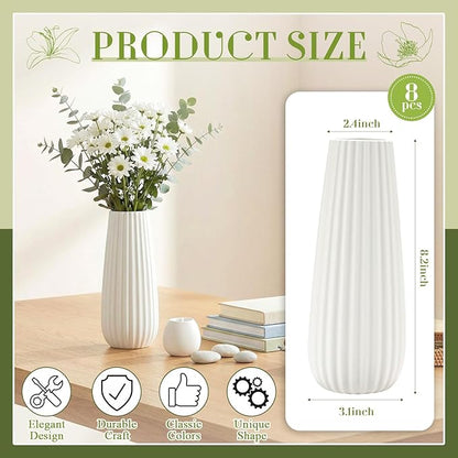 Qinyoung White Ceramic Bud Vase Set of 8, 8'' Small White Flower Vase for Centerpieces Floral Decor for Wedding Party Dining Table Home Decoration(Minimalist)