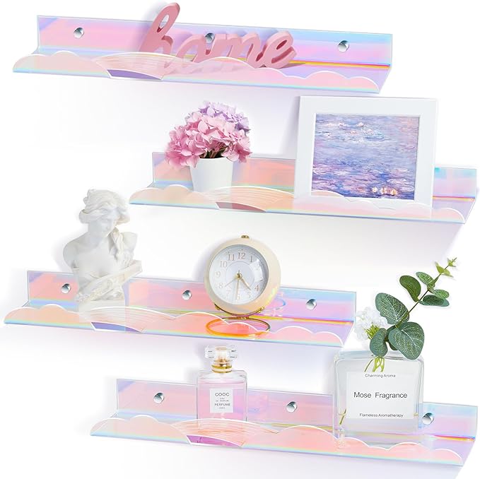Iridescent Rainbow Acrylic Floating Shelves,15in Kids Wall Mounted Nursery Bookshelves, Display Ledge for Books Toys Cosmetic, Bathroom Bedroom Living Room Wall Decor and Storage, 4 Pack