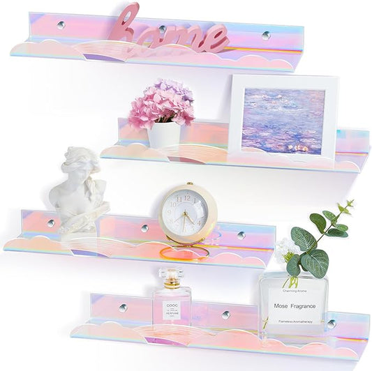 Iridescent Rainbow Acrylic Floating Shelves,15in Kids Wall Mounted Nursery Bookshelves, Display Ledge for Books Toys Cosmetic, Bathroom Bedroom Living Room Wall Decor and Storage, 4 Pack