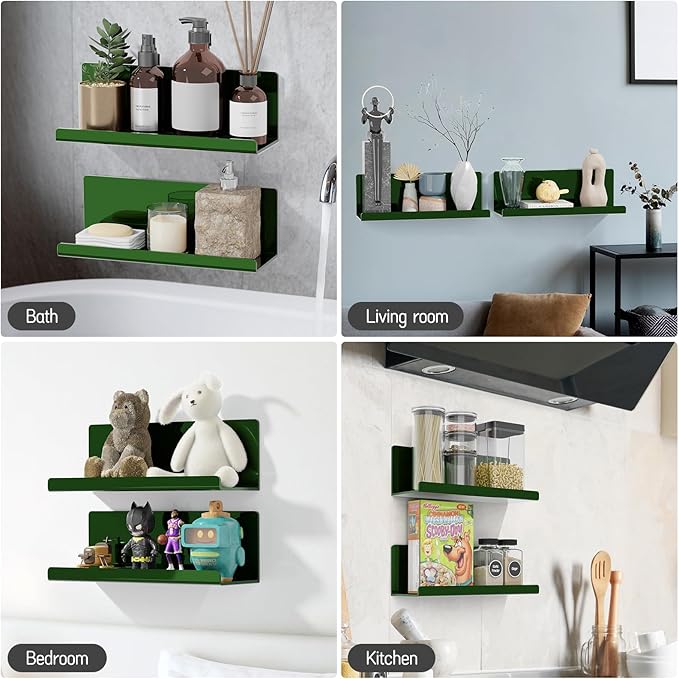 PAVSTINE Adhesive Floating Shelves for Wall No Drilling, 12 Inch Acrylic Self Adhesive Shelves, Stick on Shelves, Dorm Wall Shelf, for Bathroom, Kitchen, Bedroom, Office, Gaming Room, Green