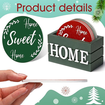 Queekay Coasters Set of 6 House Warming Gifts New Home Wooden Farmhouse Drink Coasters with Holder 4'' Funny Decoration for Kitchen Family Coffee Bar Tabletop Protection(Red,Green)
