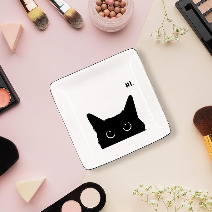 Black Cat Jewelry Dish - Ceramic Tray for Rings, Earrings & Cat Gifts