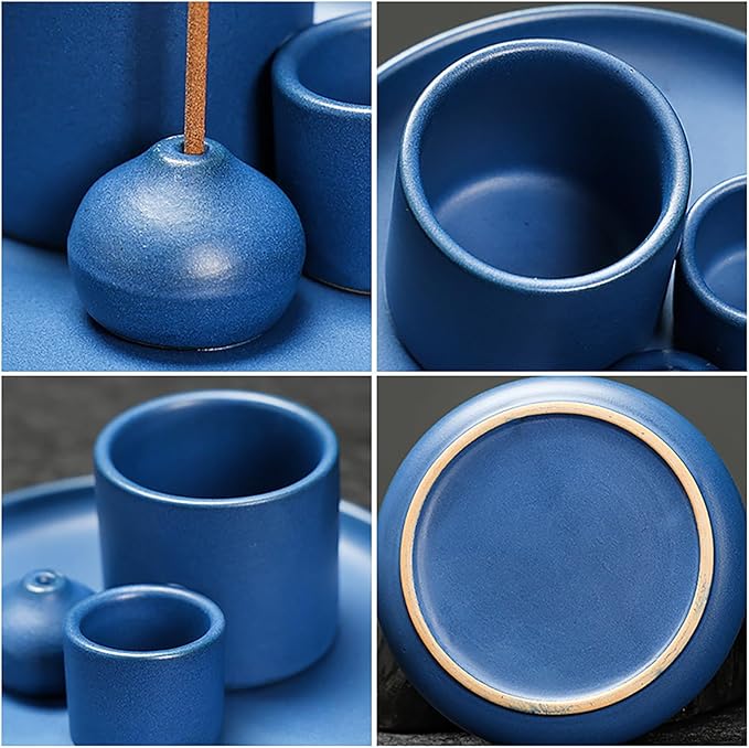 4 in 1 Multifunctional Ceramic Incense and Candle Holder with Ash Catcher Tray Suit for Burning White Sage, Palo Santo Sticks (Royal Blue)