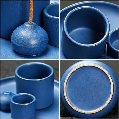 4 in 1 Multifunctional Ceramic Incense and Candle Holder with Ash Catcher Tray Suit for Burning White Sage, Palo Santo Sticks (Royal Blue)