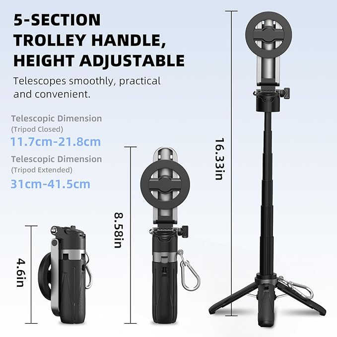 Magnetic Selfie Stick Mini Tripod for iPhone, Portable Pocket 4-in-1 Multifunctional 360° Rotation Phone Handle Grip Stand with Detachable Remote/Clip/Metal Ring for MagSafe/Android【4 Legs】