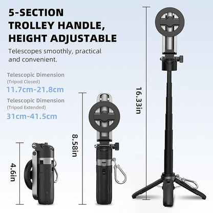 Magnetic Selfie Stick Mini Tripod for iPhone, Portable Pocket 4-in-1 Multifunctional 360° Rotation Phone Handle Grip Stand with Detachable Remote/Clip/Metal Ring for MagSafe/Android【4 Legs】