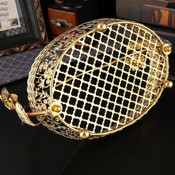 Metal Fruit Basket 11x8 Inch - Gold Decorative Storage Organizer for Coffee Table,Rustproof Iron Wire Basket with Handle for Office/Living Room