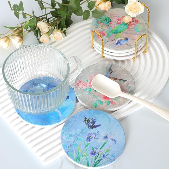 Ceramic Coasters Set of 6 with Holder, Whimsical Nature Style, Absorbent Drink Coaster Set for Home Decor, Cups, Mugs and Glasses