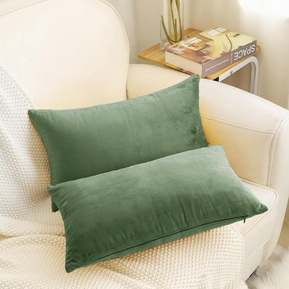 HWY 50 Moss Green Velvet Rectangular Throw Pillow Covers 12x20 Inch, Pack of 2 Soft Cozy Solid Decorative Luxury Cushion Cases for Couch Sofa Bed Living Room Bedroom