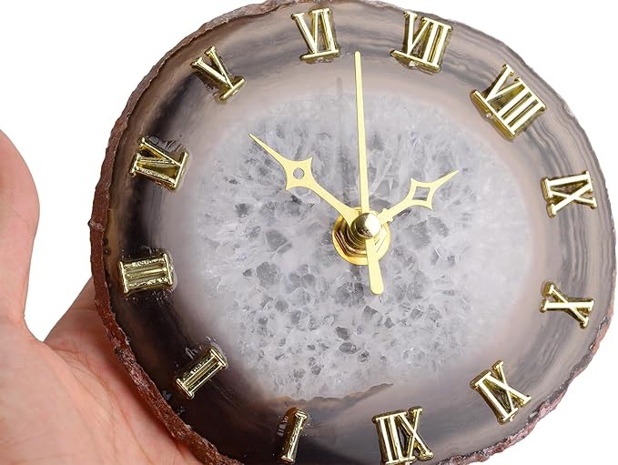 JIC Gem Natural Agate Slice Clock Natural Black/Gray with Base,Agate Clock,Decorative Clock
