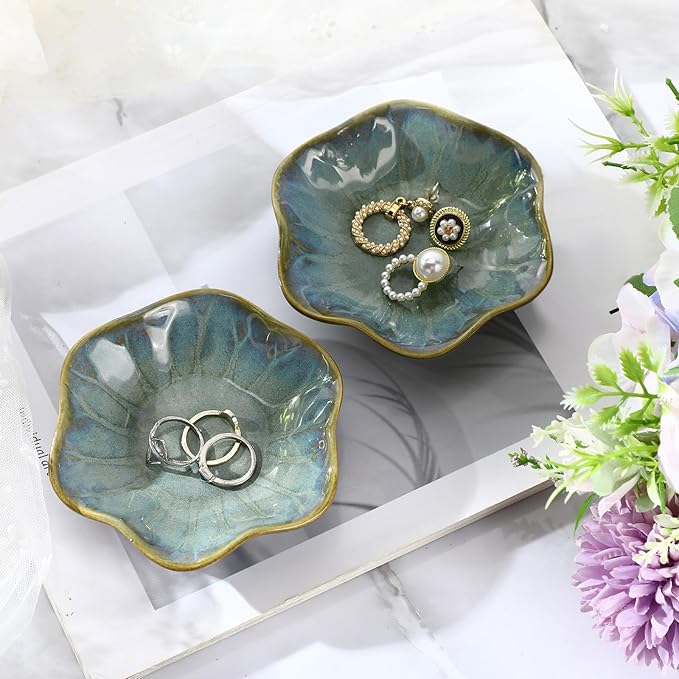 8 Pcs Ceramic Trinket Dish Lotus Leaf Jewelry Tray Small Ring Dish for Earrings, Rings, Jewelry Holder, Key Bowl(Dark Green)