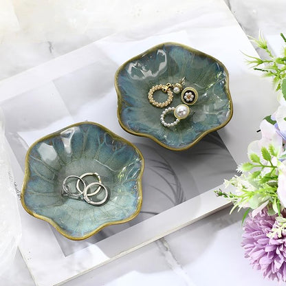 8 Pcs Ceramic Trinket Dish Lotus Leaf Jewelry Tray Small Ring Dish for Earrings, Rings, Jewelry Holder, Key Bowl(Dark Green)