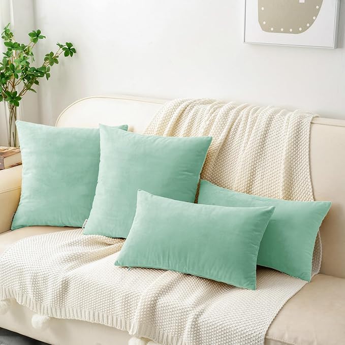HWY 50 Aqua Green Velvet Throw Pillow Covers 16x16 Inch, Pack of 2 Soft Cozy Solid Decorative Luxury Cushion Cases for Couch Sofa Bed Living Room Bedroom