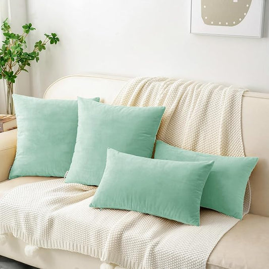 HWY 50 Aqua Green Velvet Throw Pillow Covers 20x20 Inch, Pack of 2 Soft Cozy Solid Decorative Luxury Cushion Cases for Couch Sofa Bed Living Room Bedroom