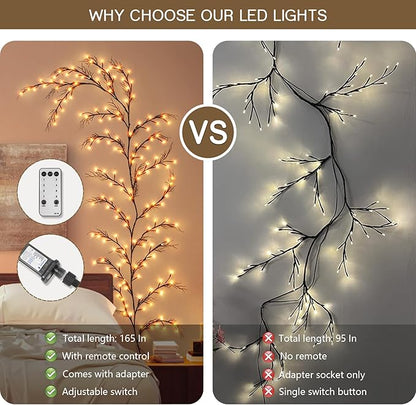160 LED Plug In Vines Lights Room Decor with Remote, 8 Modes and Timer, Indoor Home Plants Flowers Tree Willow Lights, Artificial Tree for Walls Bedroom Living Room Kitchen Coffee Shop Decor（Black）