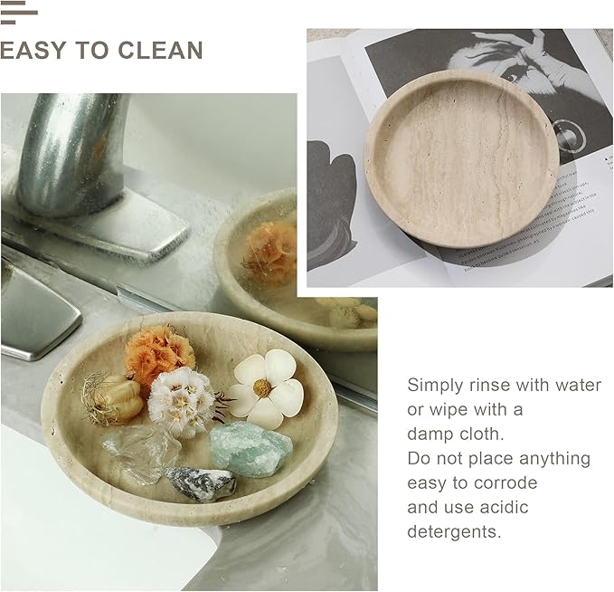 Travertine Jewelry Dish Tray - Decorative Stone Catchall Bowl for Entryway Table, Keys & Rings Holder, Natural Marble Home Decor Organizer (5.5 Inch)