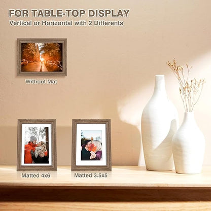 KINLINK 5x7 Picture Frame Brown Wood, Solid Wood Frames with Acrylic Plexiglass for 3.5x5/4x6 with Mat or 5x7 without Mat, Tabletop and Wall Display Photo Frame, Set of 4