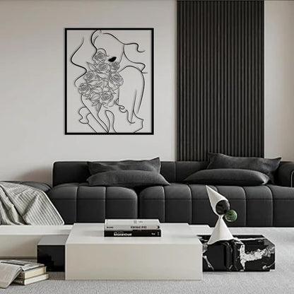 Metal Women Floral Wall Art - Modern Abstract Metal Line Wall Art, Minimalist Flower Wall Decor, Female Room Decor for Bedroom, Living Room (Black, 24x20in|60x50cm)