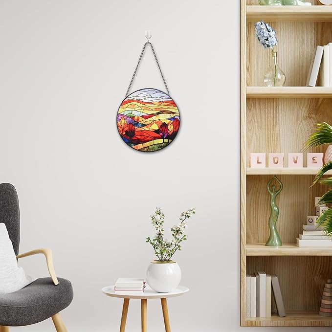Mountains Rivers Stained Glass Window Hanging, 7.8" Round Sun Catcher Hand Painted Wall Art Decor with Chain, Unique Housewarming Gifts for Couples, Home