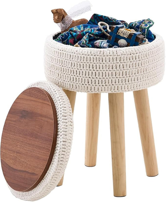 Wimarsbon Pouf Ottoman, 100% Cotton Knitted Boho Footstool, Round Footrest with Non-Skid Wood Legs, Home Décor Handmade Pouffe, Leisure Floor Step Stool for Living Room (High Storage Beige)