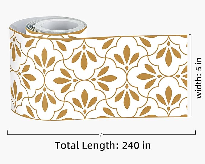 FLFK Wallpaper Border Gold and White Patterns Peel and Stick Wall Border Self Adhesive Wallpapers for Living Room Bedroom Kitchen Bathroom 5"x240"