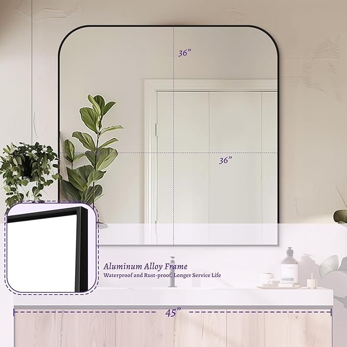 Bathroom Mirror, Wall Mirrors, Black Metal Framed Wall-Mounted Mirrors, Bathroom Vanity Mirror for Over Sink, Living Room, Bedroom, Entryway, 36x36 Inch, Black